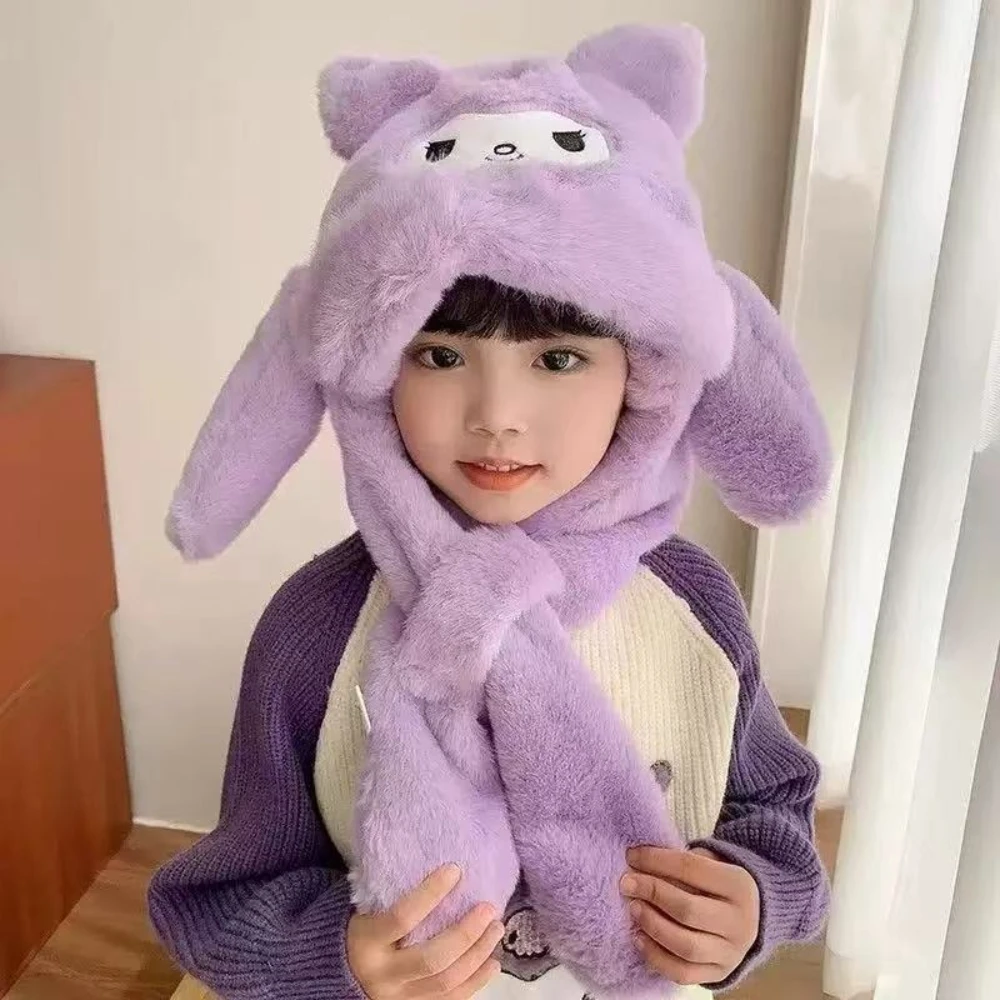 

Sanrio Kuromi, зимняя ветрозащитная шапка, детский шарф с героями мультфильмов, зимние плюшевые наушники, теплые наушники, удобный головной убор для девочек MINISO