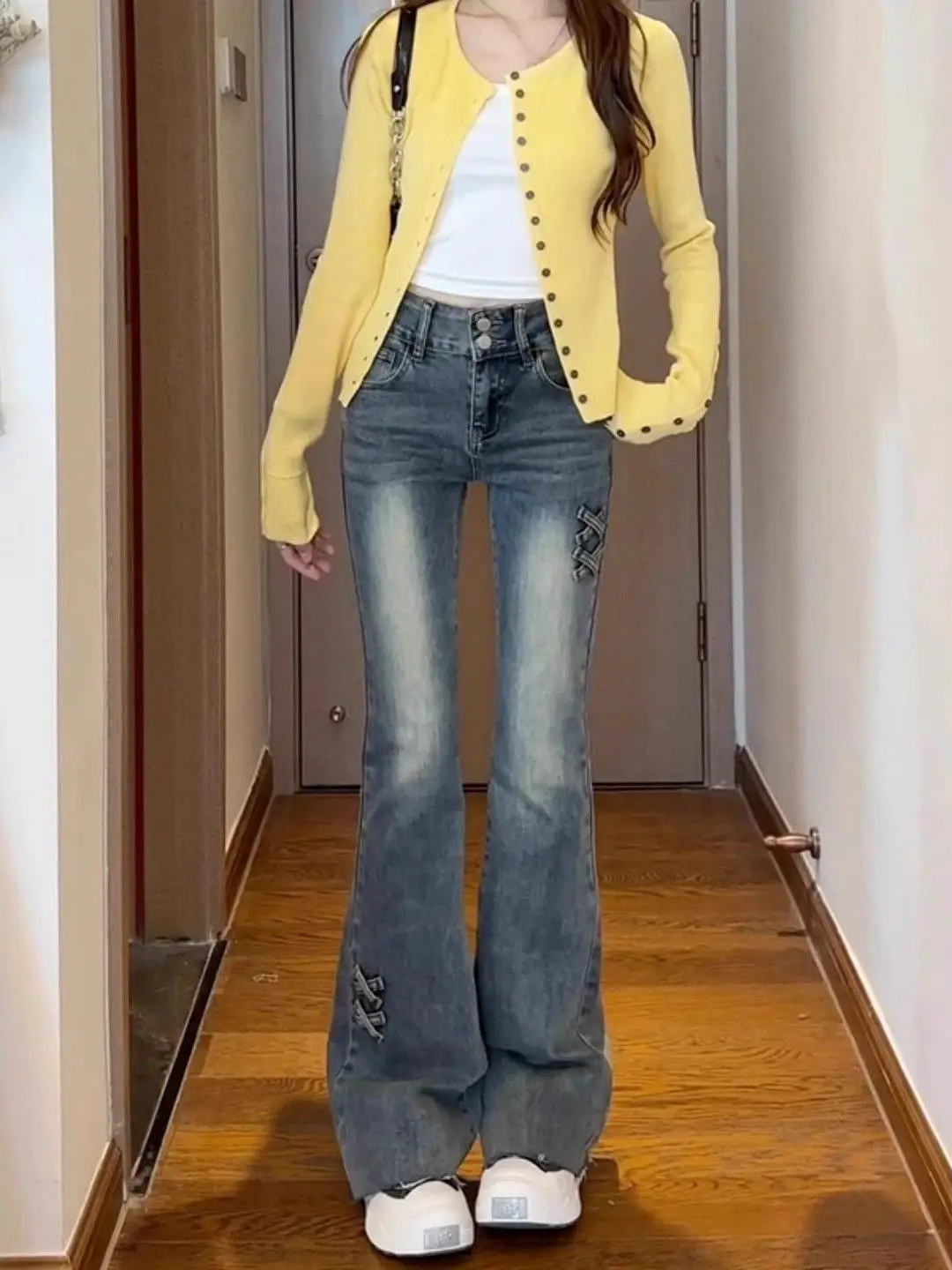 

American Retro High Waist Bell Bot Jeans Women's Winter New Design Slimming Bootcut Pants Denim Fabric Pure Color Autumn W...