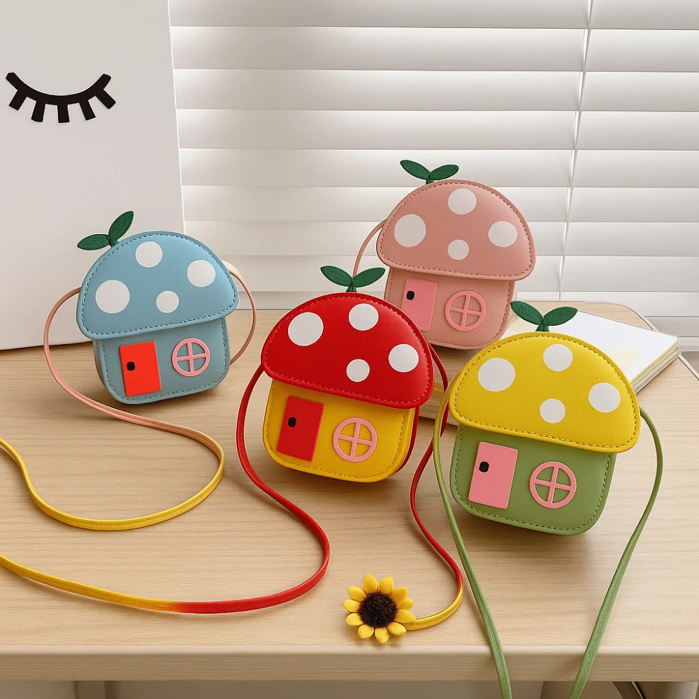 

Lightweight Mushroom House Kids Messenger Bag Case Cover Protective Mushroom Phone Bag PU Portable Coin Shoulder Bag Cycling