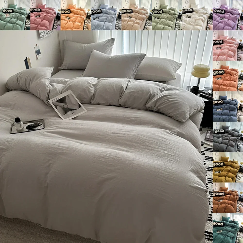 

3/4PCS Solid Bed Linen Cotton Bedding Set with Sheet Duvet Cover Pillowcase Single Couple Bedsheet King Queen Double Twin Size