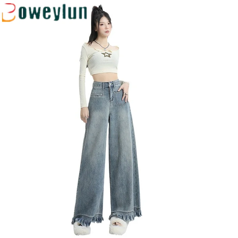 

Boweylun New Fringed Burlap High-waisted Wide-leg Jeans Women Denim Loose Wide-leg Pants Full Length Pants Skirt Female