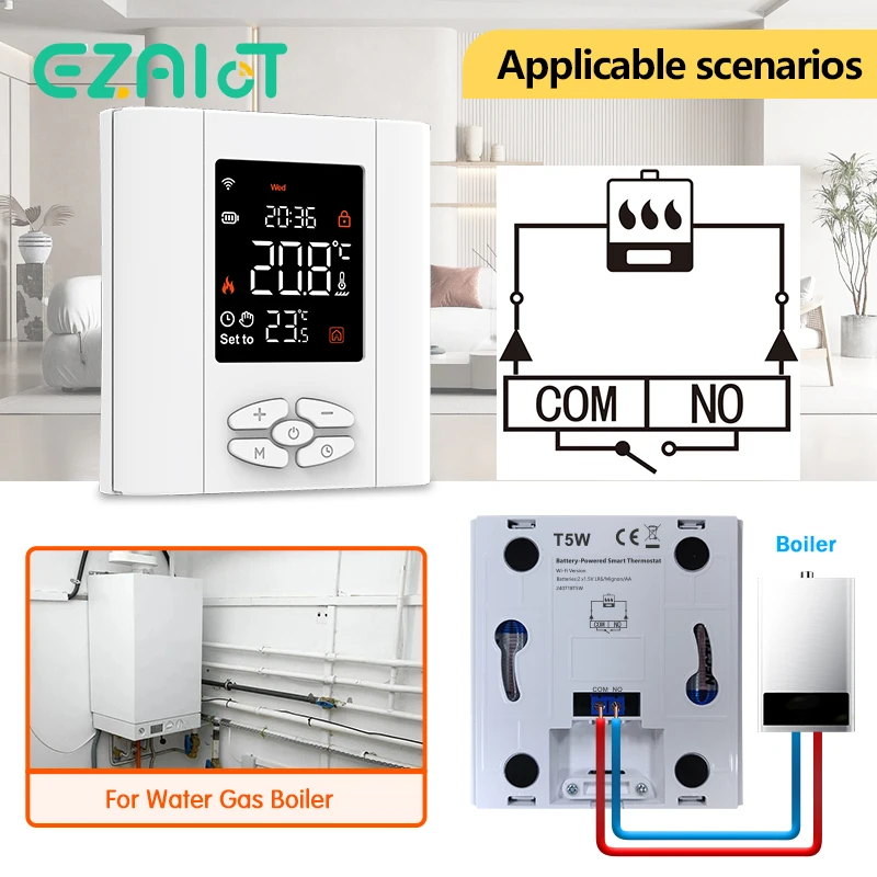 Termostato de Aquecimento WiFi para Caldeira a Gás, Controlador de Temperatura Inteligente Tuya, Bateria de Baixa Potência, Funciona com Alexa, Google Home, Alice