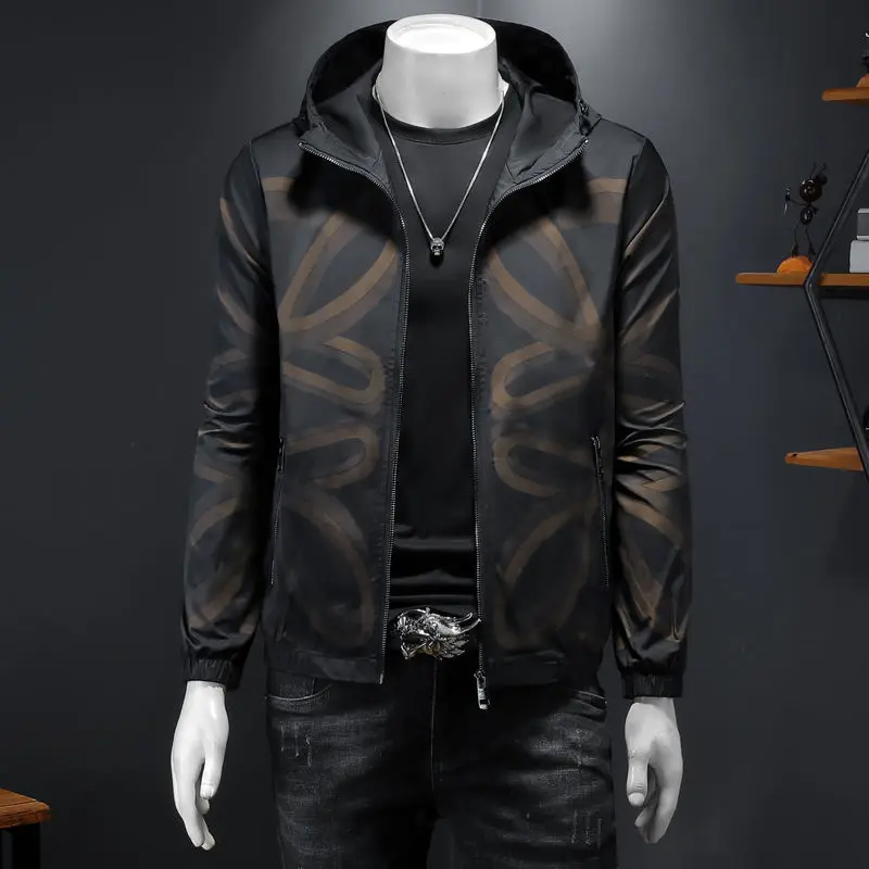 Coat Men's Hooded 2022 New Spring and Autumn Clothing Thin Trendy Printed Korean Slim Jacket Outdoor All-Matching Top