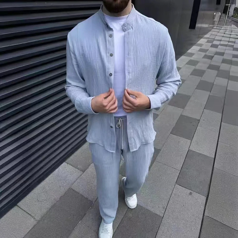 Fashionable Solid Color Mens Cotton Sets Vintage Stand Collar Shirts And Pants Outfits Men 2024 Autumn Trendy Long Sleeve Suits