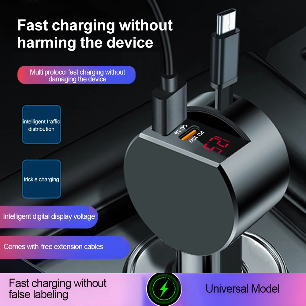 

3 In 1 Car Charger with Retractable Cable PD30W Supper Fast Phone Charger USB QC3.0 Type C Fast Charging with Voltage Display