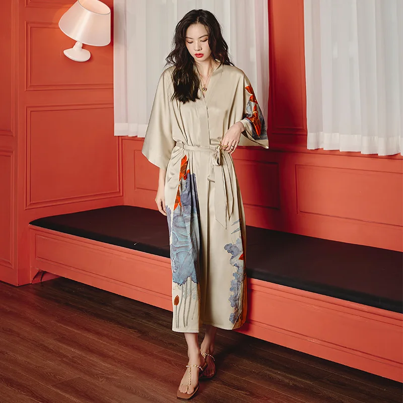 High Quality Satin Pajamas Women Summer Large Size Seven-quarter Sleeves Cool Long Nightgowns Female Ice Silk Bathrobes Ladies