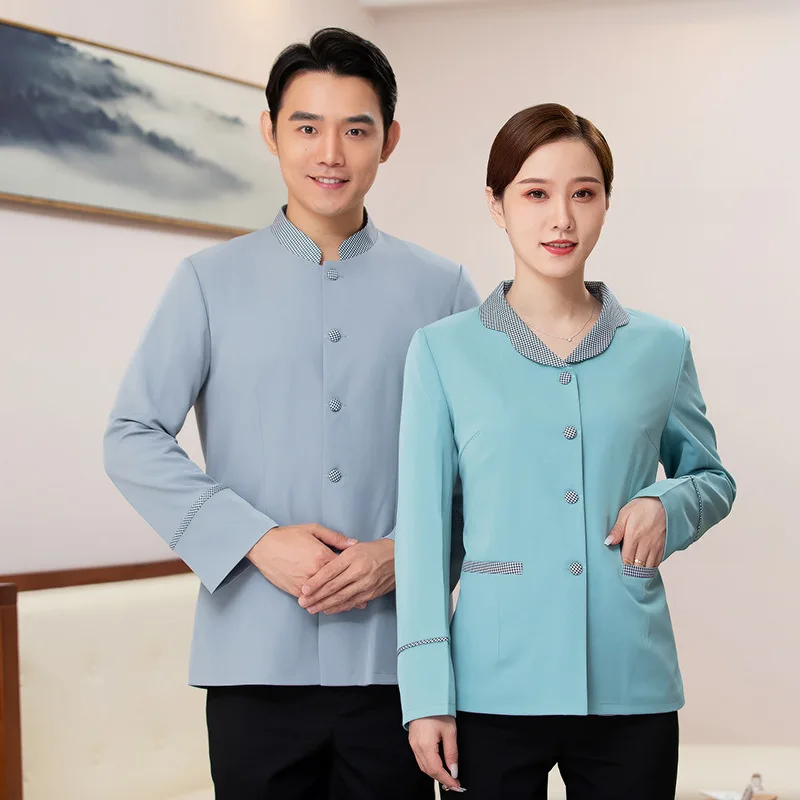 ターンダウンカラークリーニングユニフォーム長袖秋冬クリーニング作業服女性用PAホテルハウスキーピングスタッフプロパティメンテナンス