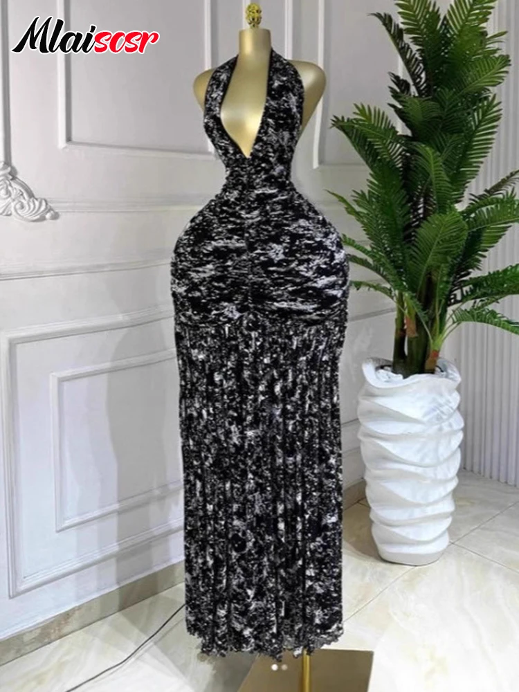 

Mlaiscsr Elegant Off Shoulder Sleeveless Halter V-neck Printed Maxi Dress Women Sexy Evening Weddingd Vacation Party Vestidos