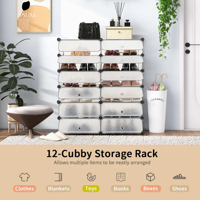 

12-Cube DIY Portable Plastic Shoe Rack with Transparent Doors-White