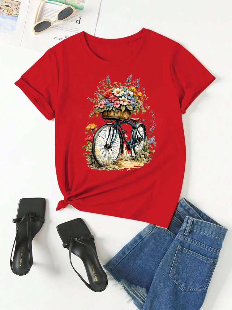 เสื้อยืดผู้หญิงแฟชั่นลายดอกไม้พิมพ์ลายจักรยาน เสื้อยืดแขนสั้นคอกลม เสื้อยืดลำลองสำหรับผู้หญิง เสื้อผ้าท็อปส์
