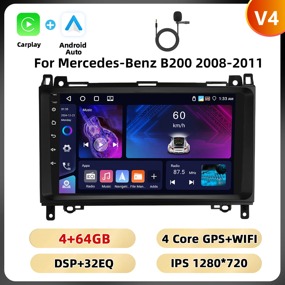 Podofo 8 128G 2din Autoradio Voor Mercedes-Benz B200 2008-2011 Multimediaspeler Navigatie Carplay Android Auto Rds Auto Audio