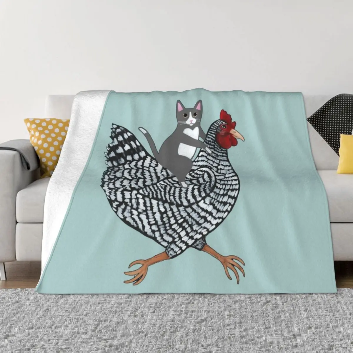 

Grey Tuxedo Cat Chicken Ride Throw Blanket fluffy Extra Large Throw Loose Blankets