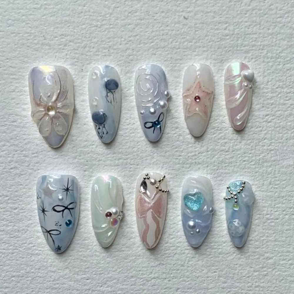 

10Pcs Handmade Manicure Medium Almond Fake Nails 2024 New Cute Shell Limited Press On Nails Design with Adhesive Nail File Set