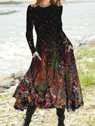 Women's Autumn Winter New Style Long Sleeved Fashionable Bohemian Printed Long Skirt Multiple Ribbon Pockets Large Swing Dress
