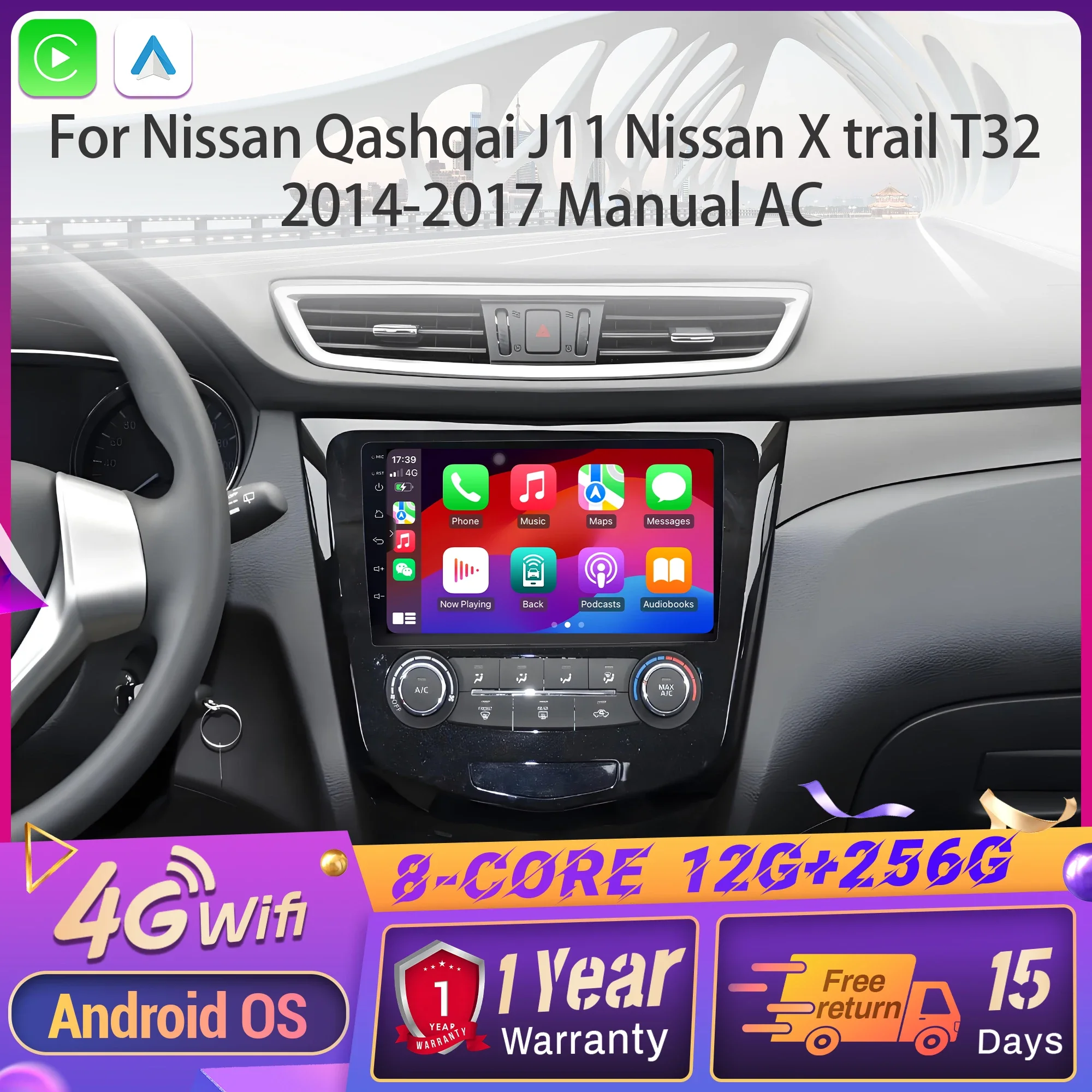 

Автомобильный радиоприемник Android 14, для Nissan Qashqai J11 Nissan X trail T32 2014-2017, ручной беспроводной переменный ток, BT Carplay, мультимедийный сенсорный экран