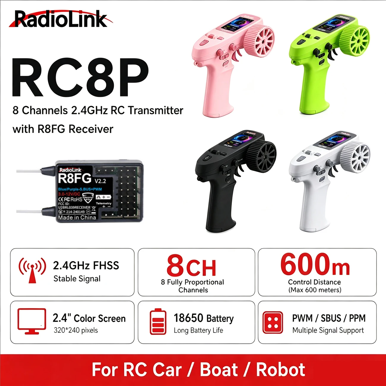 Radiolink RC8P 2.4GHz 8CH RC Transmitter Color Screen Voice Broadcast Pocket Remote with R8FG Receiver for RC Crawlers Car Boat