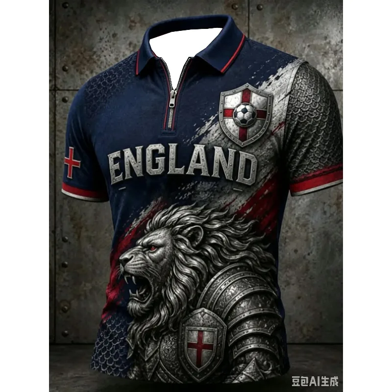 England Football Half Zip Polo Shirt George Cross 3D Print T-shirt Men Women Youth Soccer Supporter Uniform Casual Sport Tee view 2