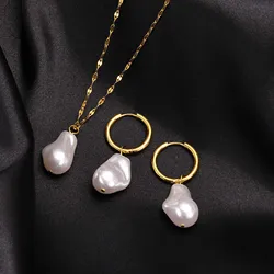 Temperament Simulated Pearl Earrings and Necklaces Sets for Women Birthday Party Gift Jewelry, Gold Color Stainless Steel Chains