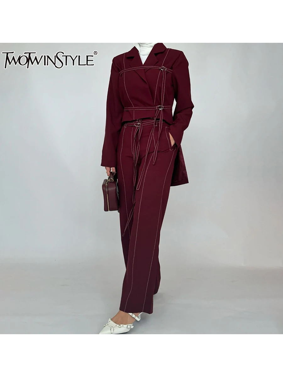 TWOTWINSTYLE Burgundy Two Piece Set For Women Notched Collar Long Sleeve Top High Waist Straight Pant Temperament Sets Female