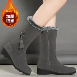 Winter 2023 new women's snow boots side zipper round toe mid-tube woolen cotton boots plus velvet padded wedge heel women's shoe