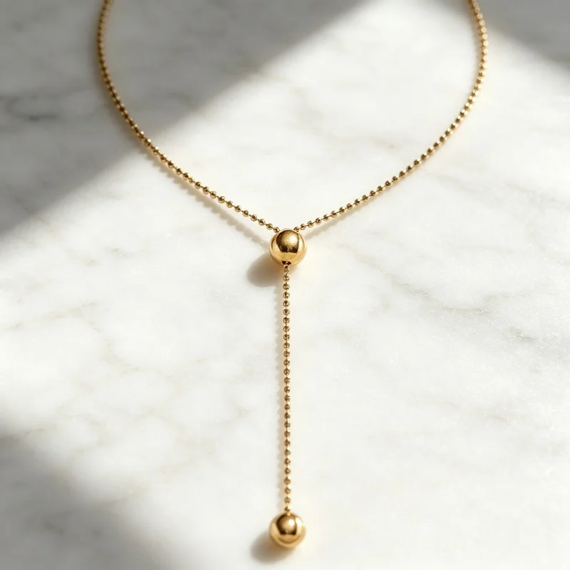 Gold Plated Brass Long Adjustable Beaded Necklace, Y-Shape Layered Pendant Chain, Elegant Women's Jewelry, 100 cm Daily Wear