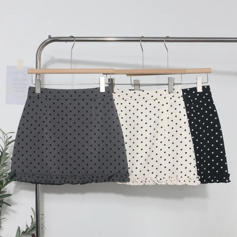 Sweet Style Polka Dot Mini Skirt Ruffled Hem High Waist Half Skirt  Anti Exposure Lined A Line Bodycon Short Skirt For Women6880