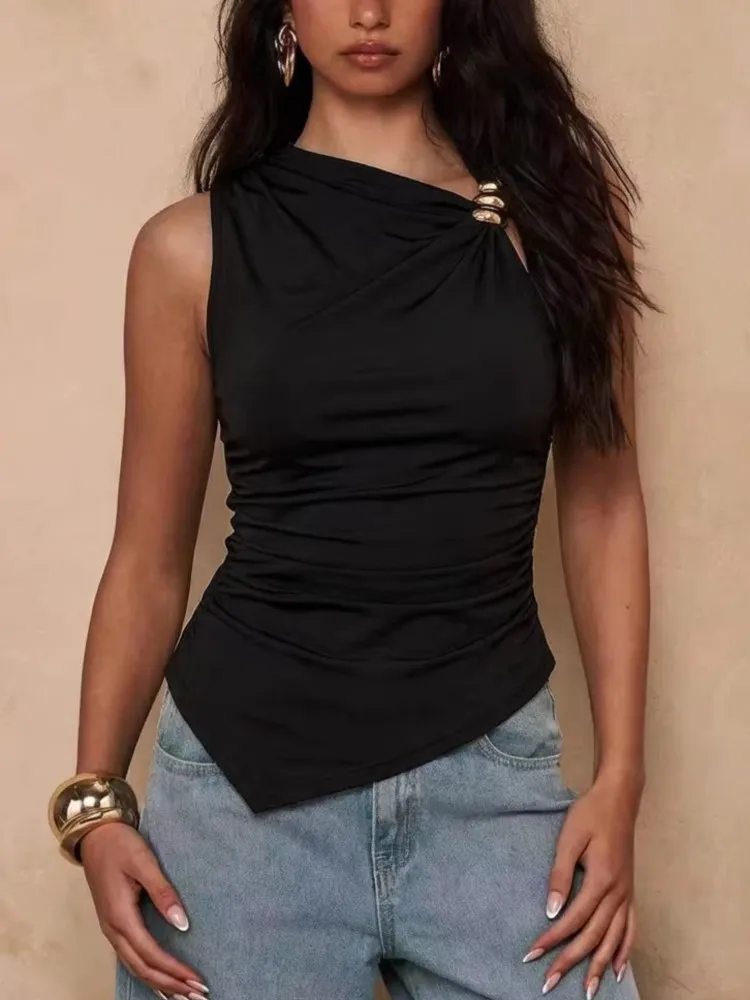 2026 Summer New Simple Solid Color Top Women's Sexy Hot Girl Metal Buckle Irregular Pleated Slim Sleeveless Versatile Vest