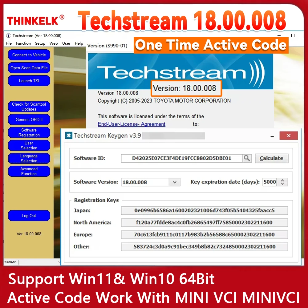 Newest Version For TOYOTA TIS Techstream 18.00.008 Software Link and Active Code Work with MINI VCI MINIVCI Support Win11/Win10