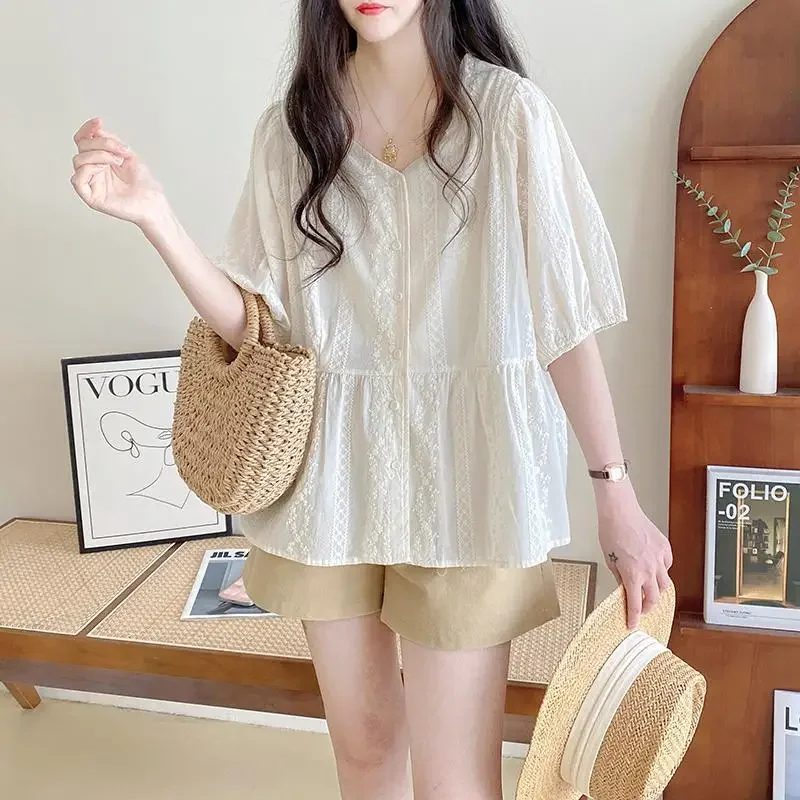 

New Women Embroidery Sweet Kawaii Holiday Beach Shirts Summer Trendy V Neck Short Sleeve Blouses Solid Chic Loose Tops Y2K