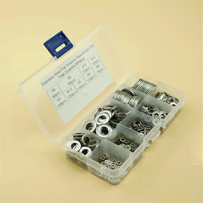 684PCS Aço Inoxidável 304 Anilha Set M2 M2.5 M3 M4 M5 M6 M8 M10 M12 Anilha Junta Kit Sortido