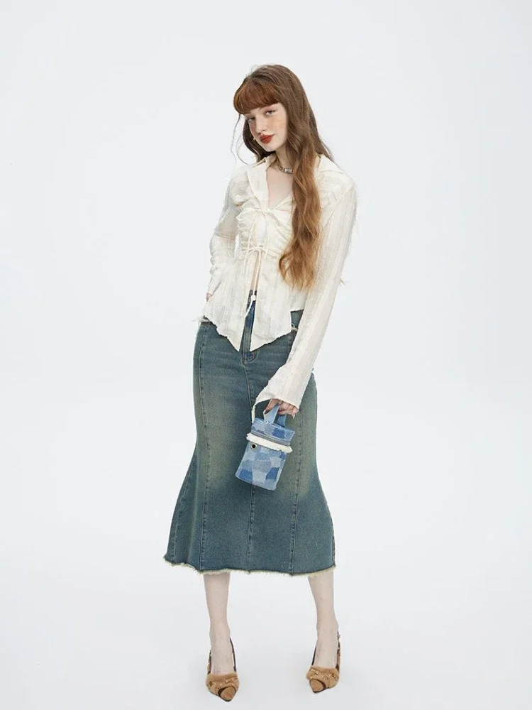 Camisas femininas retro y2k streetwear bandagem novo clássico elegante colheitas simples all-match estética férias sólida mujer blusas primavera