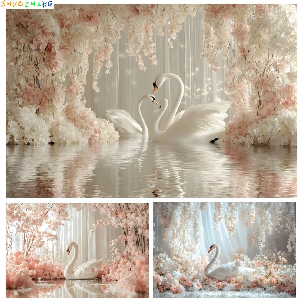 

Pink Flowers Swan Photography Backdrop Birthday Party Indoor Wedding Bride Portrait Pregnancy Art Photo Background Photo Studio
