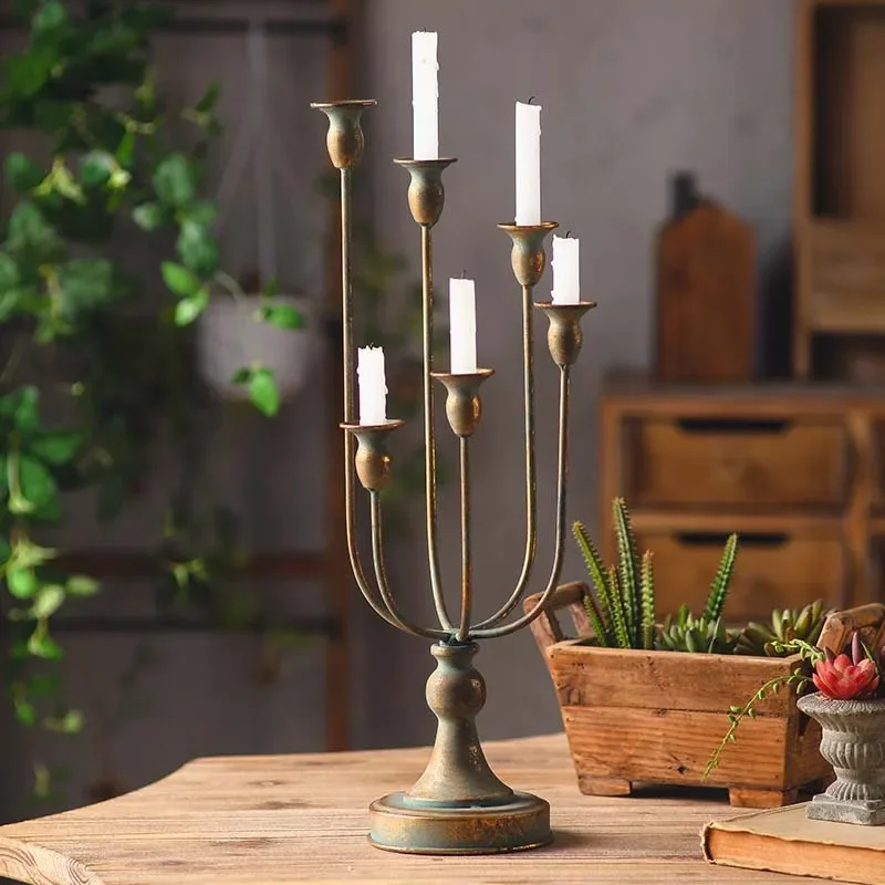 Vintage 5 Arm Candelabra Metal Candlestick Holder European Retro Style Home Decor Ornament for Dining Table Wedding