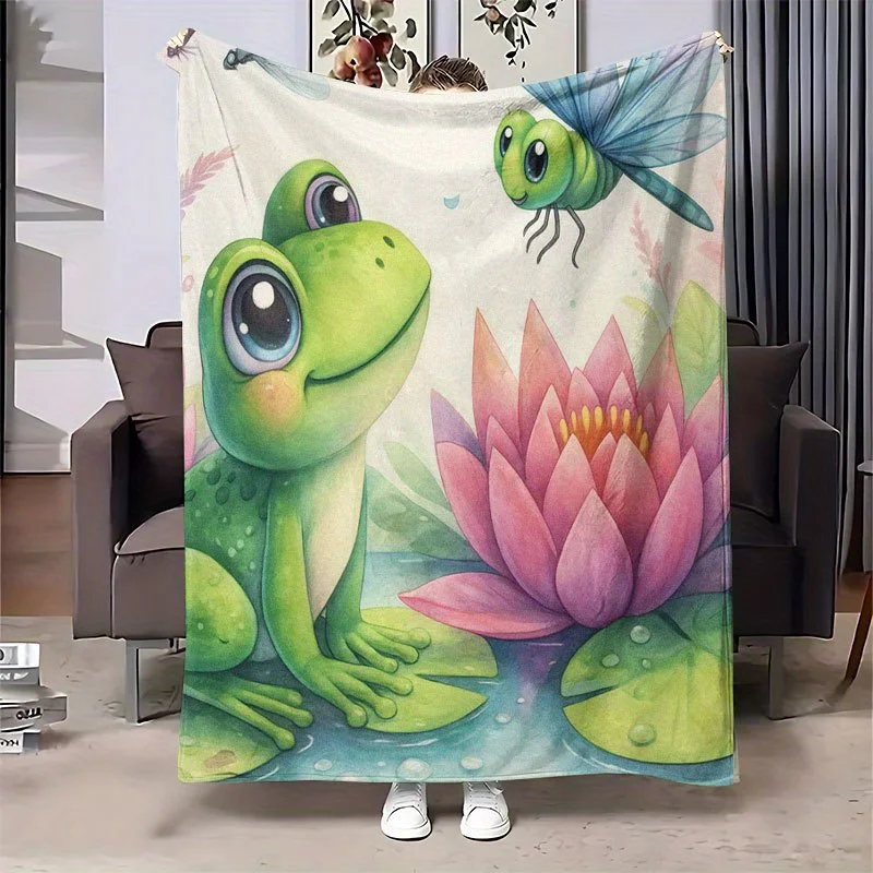 Kawaii Cartoon Frog Water Lily Fleece Blanket,Pond Insect Green Leaf Pattern Cozy Cover for Camping Office Living Room Daily Use