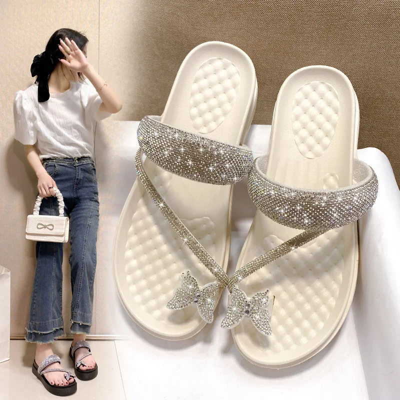 

New Korean version butterfly rhinestone toe set thick sole sponge cake and fashionable sandals for women