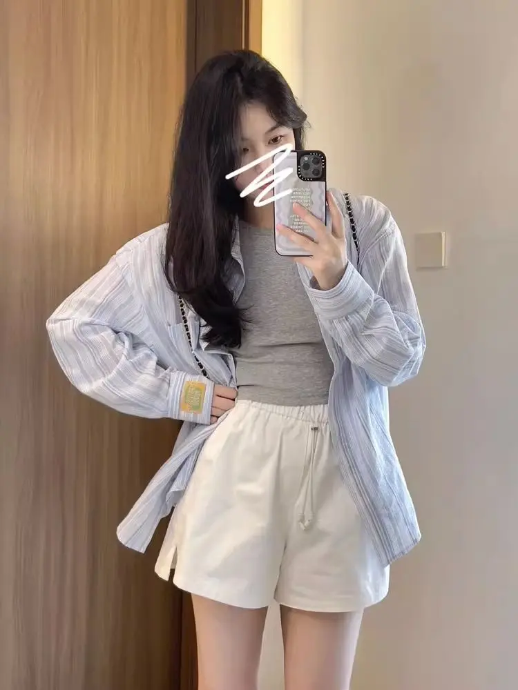 블루 스트라이프 셔츠 여성용 긴팔 봄 가을 2024 신상 디자인 슬림핏 폴로 칼라 버튼 다운 다용도 아우터웨어