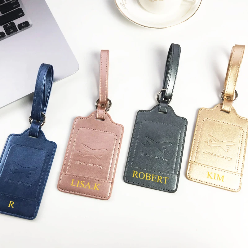 DIY Name Luggage Tag Luxury Metallic PU Leather Aircarf Baggage Card Holder Company Logo Wedding Gift Business Travel Accessorie