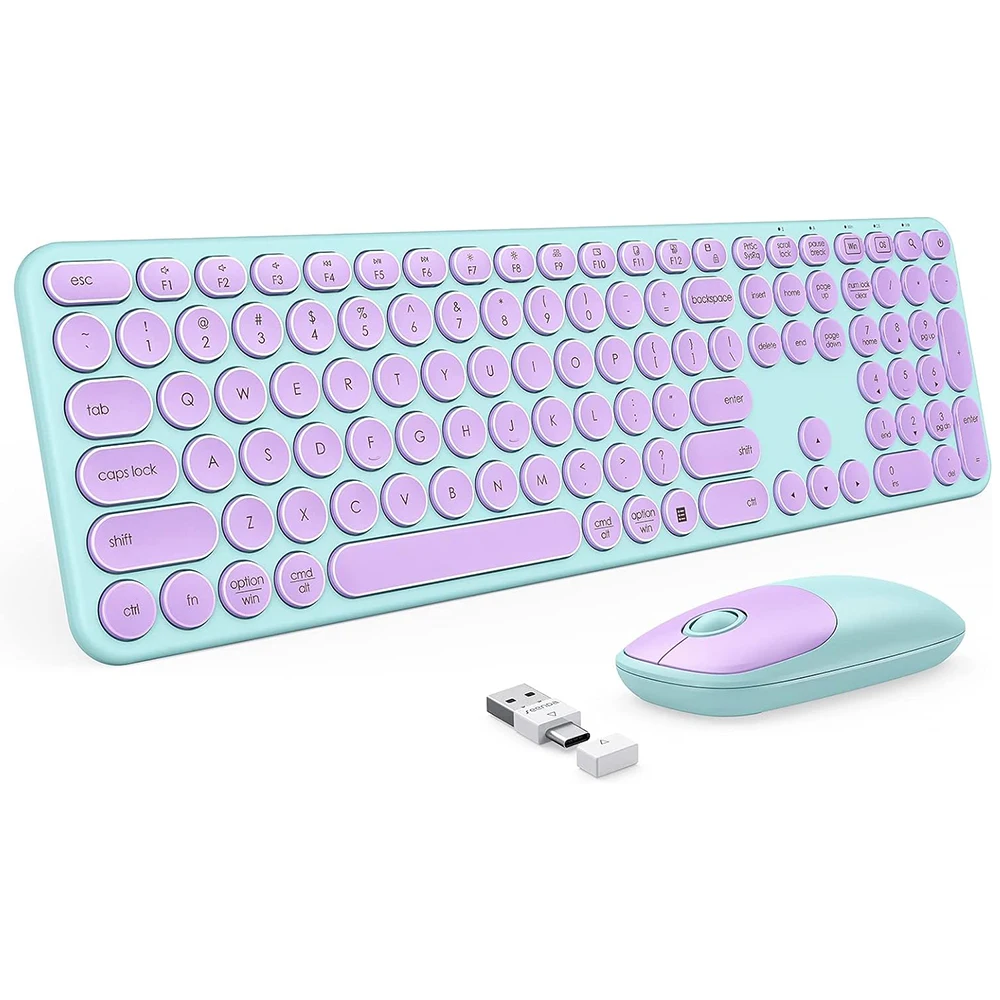 

Wireless Keyboard and Mouse Combo with USB and Type C Receiver Cute Keyboards Mice for Mac Windows Chrome OS Laptop Computer PC