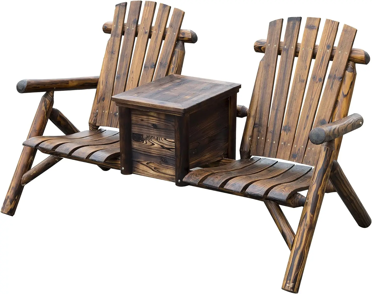 Double Wooden Adirondack Chair with Ice Bucket Outdoor Loveseat with High Backrest, Smooth Armrest Rustic Brown