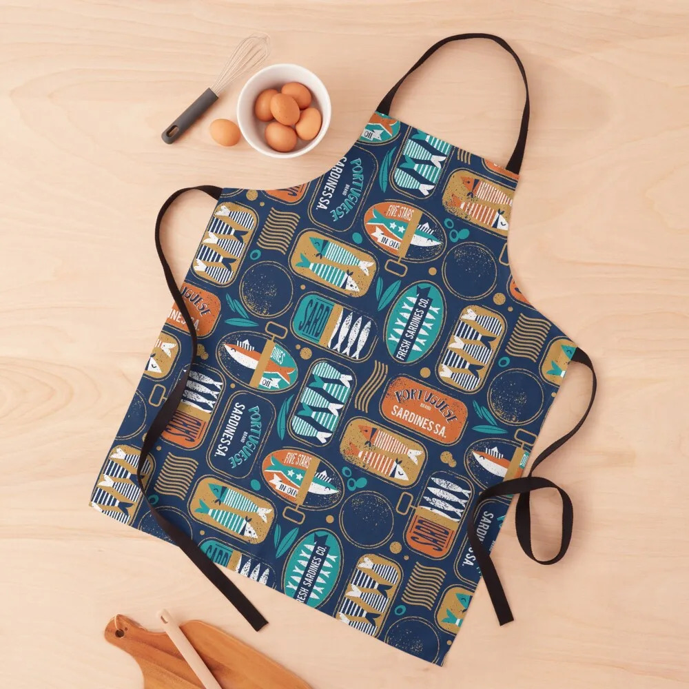

Vintage canned sardines // navy blue background peacock teal and gold drop orange cans Apron Men's Kitchen Trim Cloth Apron