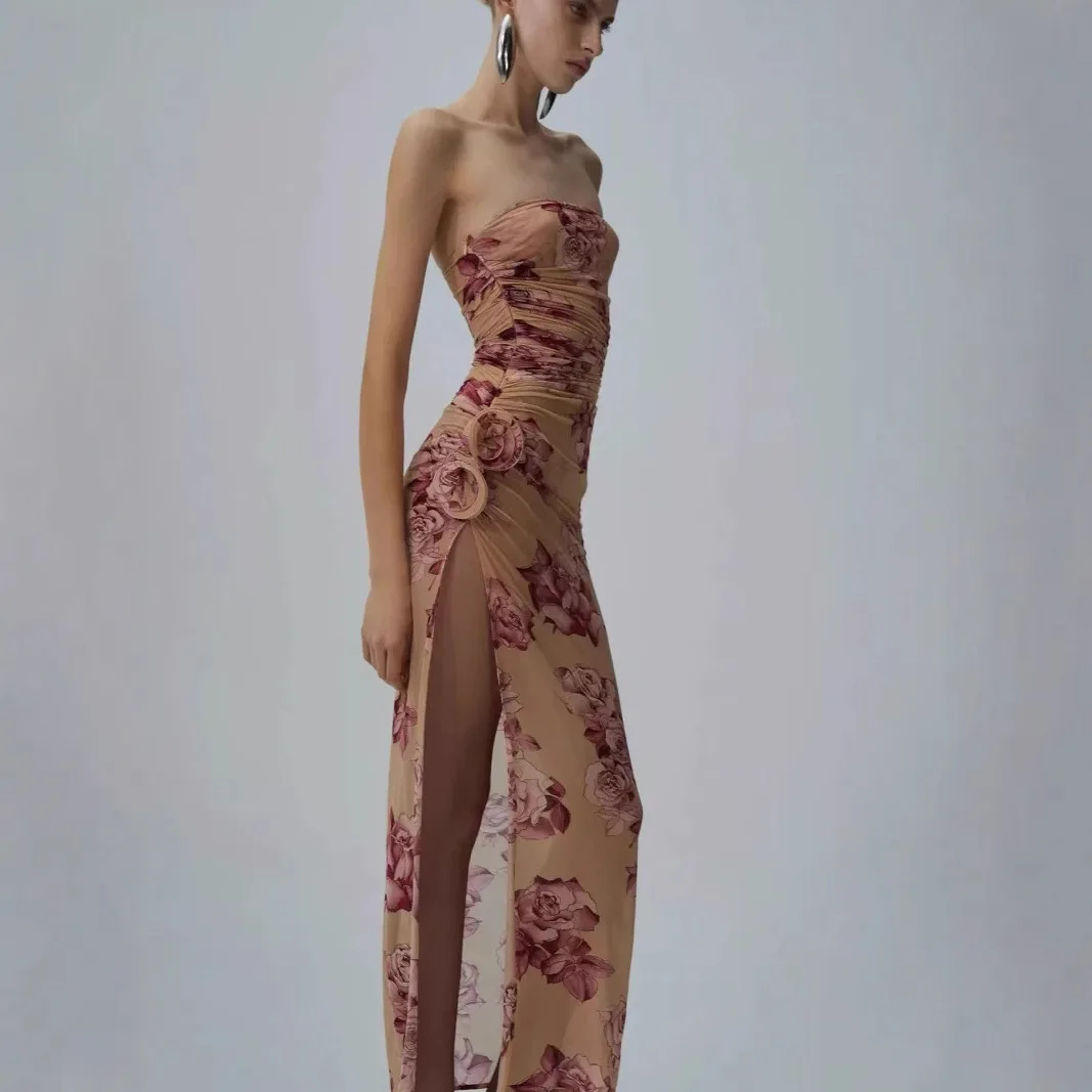 Retro Floral Strapless Sexy Mesh Bodycon Pleated Maxi Dress for Women 2025 Summer New Flower High Slit Party Dresses Prom Gowns