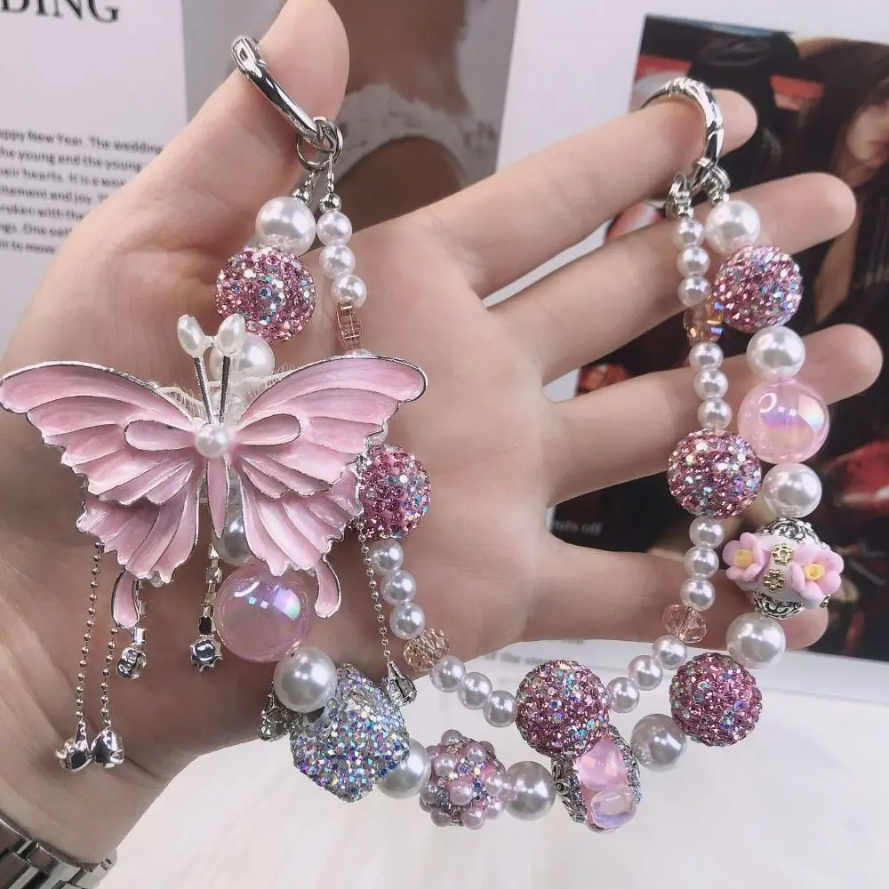 Cool Glitter Rhinestone Phone Chain Double Layer Luxury Beaded Cell Phone Lanyard Handheld Pearl Butterfly Key Chain Key Chain