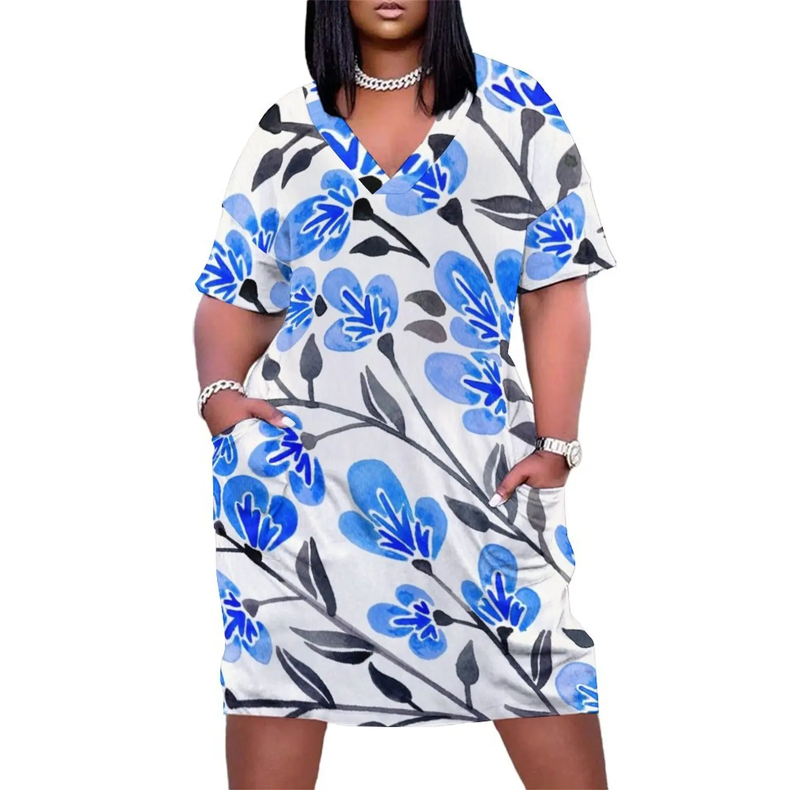 

Cherry Blossoms – Blue Palette Loose Pocket Dress woman dress loose women's dress party night