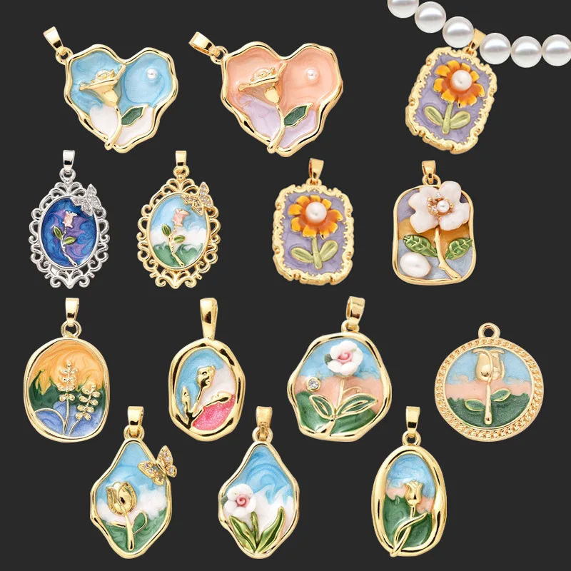 

10pcs Fresh Flowers Charms Pendant Necklace, DIY Flowers and Plants Pendant, Copper Material Enamel Oil Dripping Jewrly