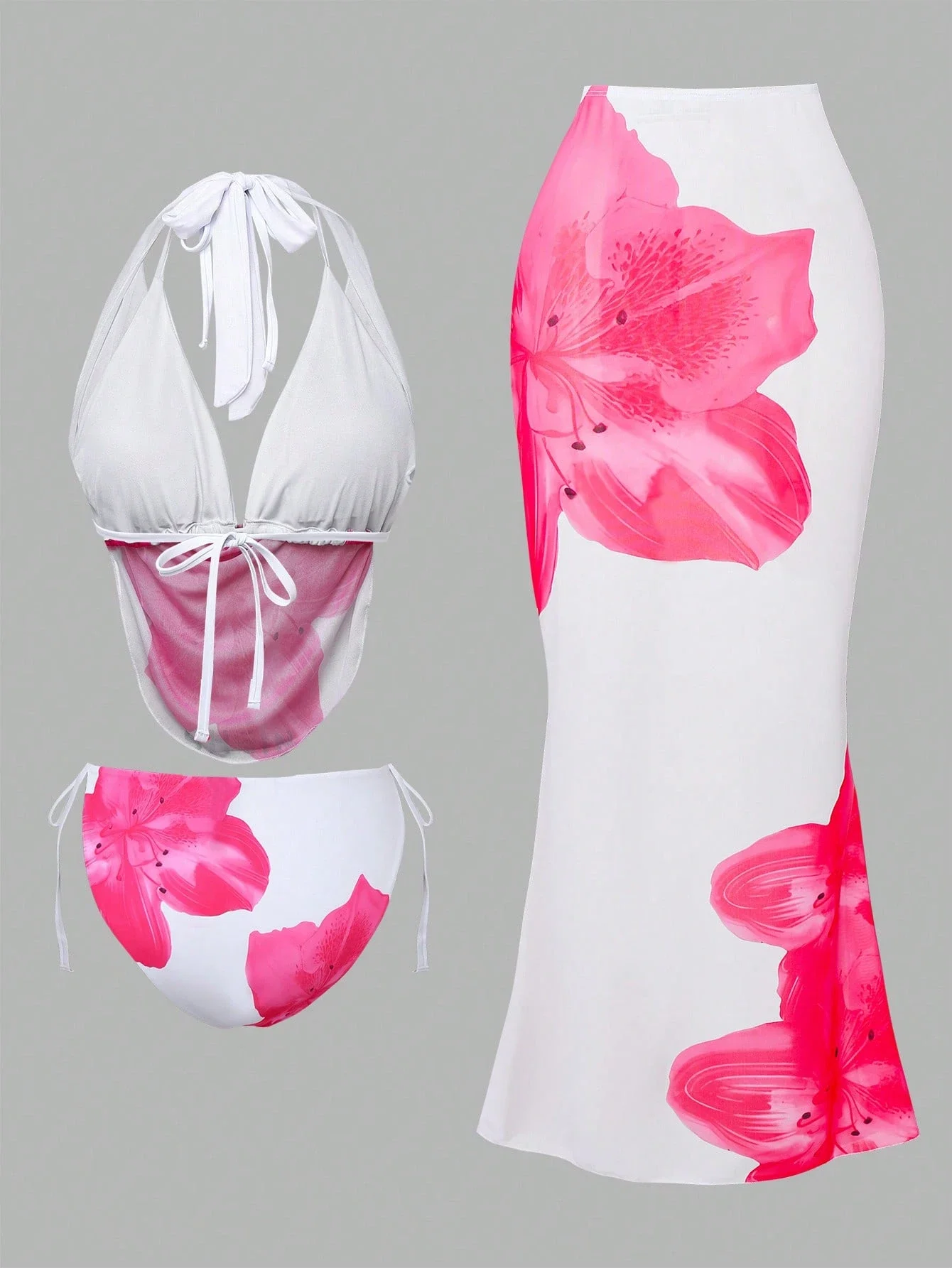 

Floral Print Halter Tie Bikini Set With Sarong Skirt Three Piece Swimwear