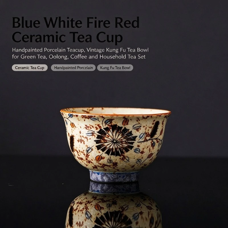 Blue and White Porcelain Teacup with Flint Red Base Chinese Antique Kung Fu Tea Master Cup Single High Grade Home Tea Cup