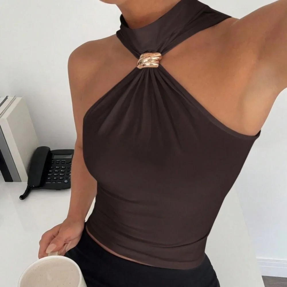 Ruched Halter Neck Top Stretchy Solid Color Fitted Blouse Metal Ring Cropped Sleeveless Halter Neck Crop Street Style
