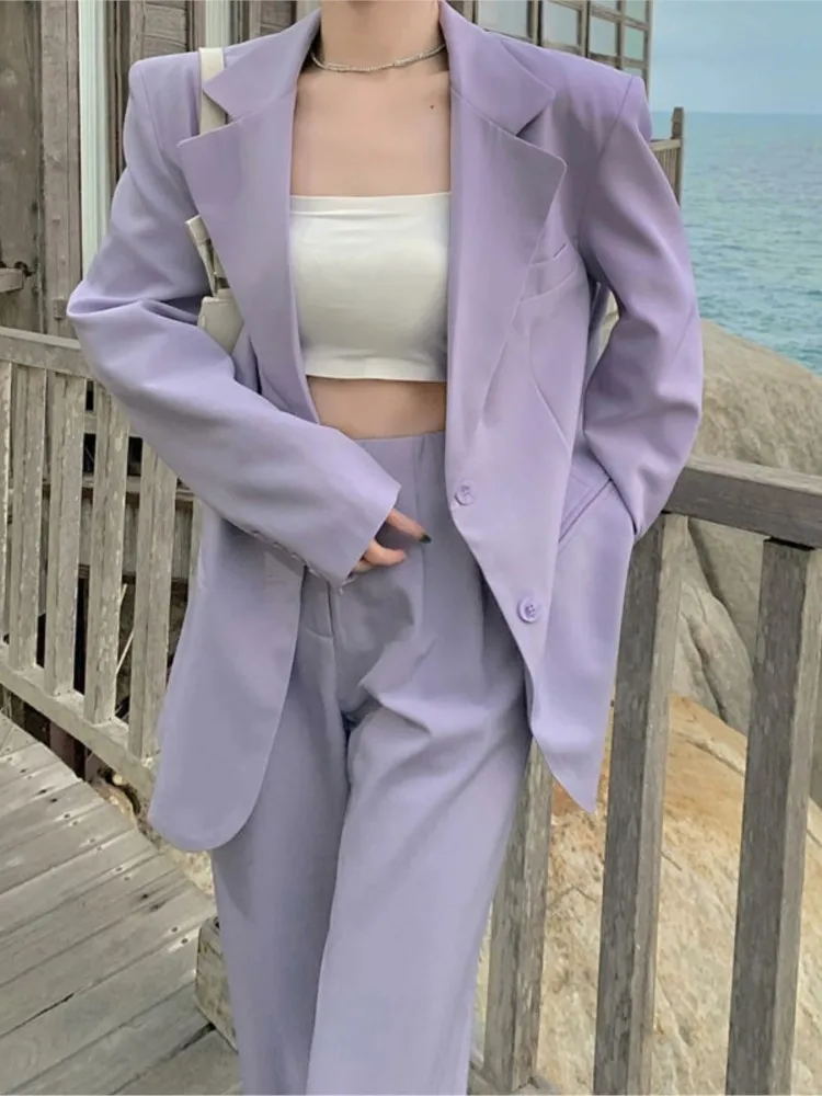 Women\'s Purple Blazer Pantsuit, Long Sleeve Jacket, Pants, Casual Fashion, Business, Spring, Summer, 2 Piece Set