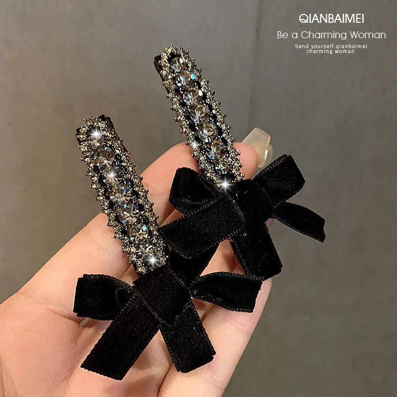 1pc Premium Velvet Bow Flat Hair Clip Vintage  Gray Rhinestone Side Bangs Baby Hair Grip for Women High End