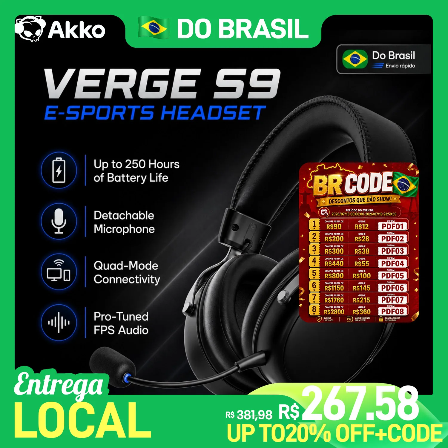 Fone de Ouvido AKKO VERGE S9 Ultra com Microfone, Som Surround Virtual 7.1, Modo Quádruplo, Acessórios para Jogos de PC e E-sports